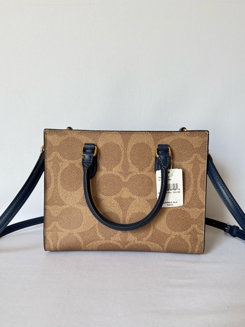 Coach Maggie Small Tote Signature Canvas Tan/deep blue Gold hardware NWT CAL28 - Picture 2 of 14